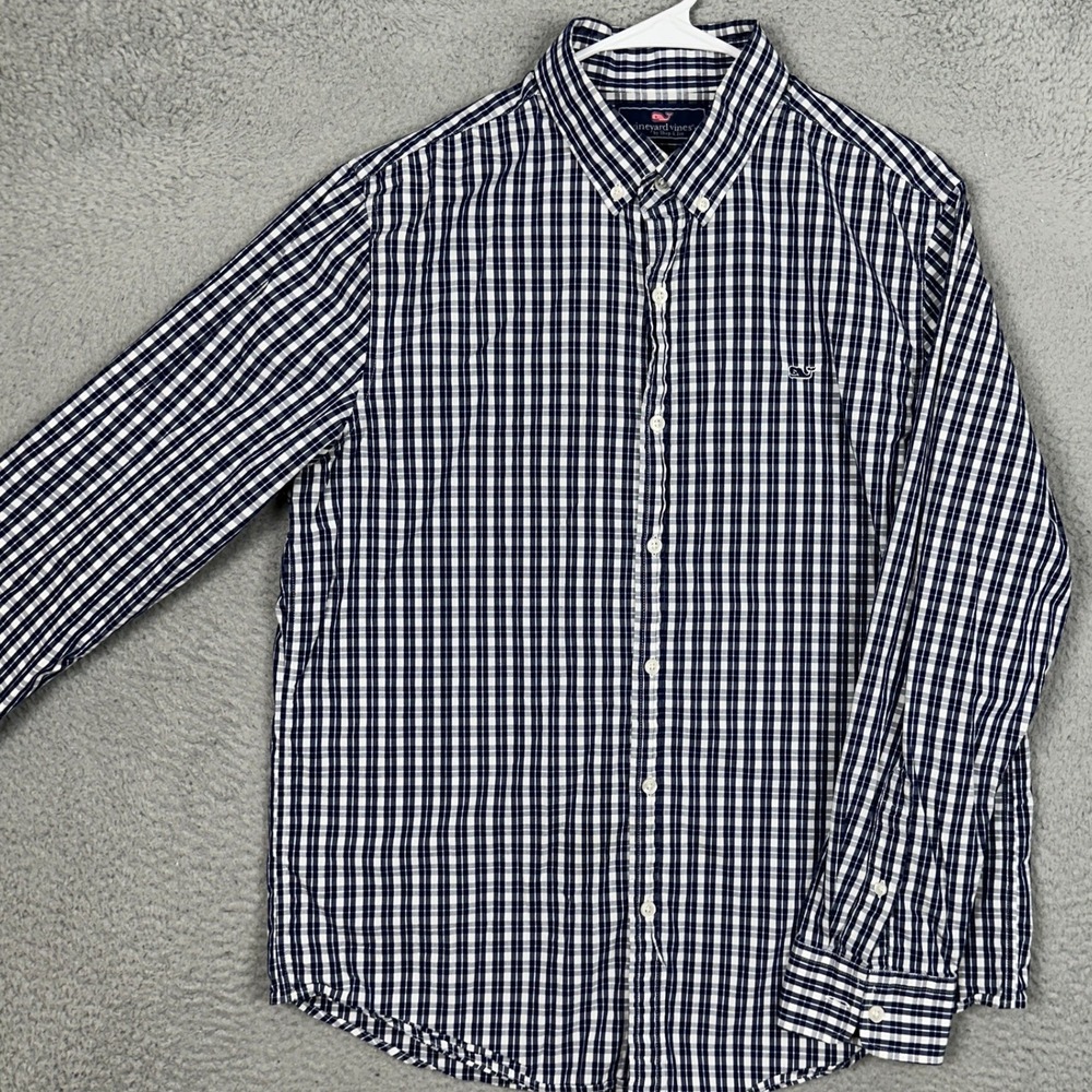 Vineyard Vines Whale Shirt Mens Large Slim Fit Navy Blue Gingham Button Down EUC